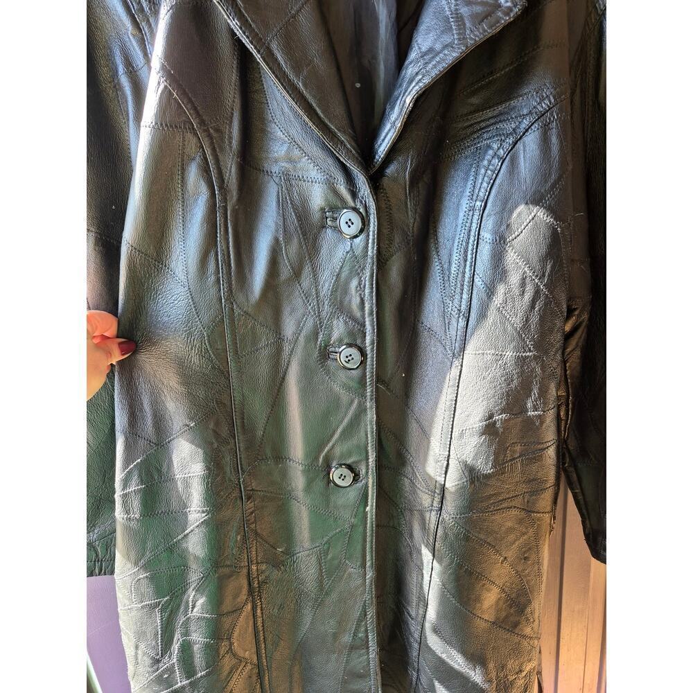 Vintage patch work 1980s black leather trench coat womens size large with belt - Picture 2 of 6
